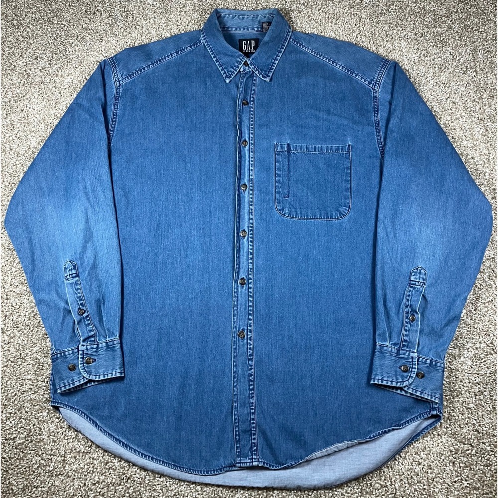 Vintage Gap Denim Mens Blue Long Sleeve Button Down Cotton Shirt Size Large